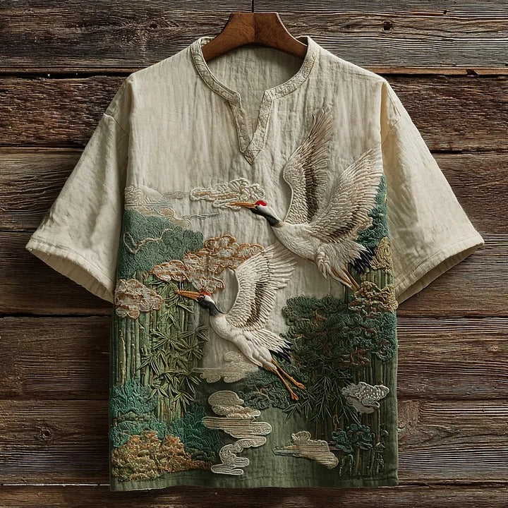 Summerin Shirt’s Japanese Crane Embroidered Linen Shirt – Zen Nature Boho Top